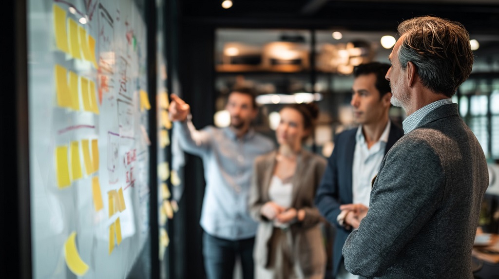 A business team in a modern office standing in front of a glass board covered with sticky notes and diagrams, discussing and pointing at the board to refine a strategy map