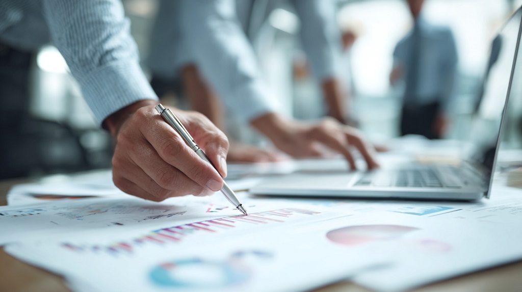 Close-up of a business professional’s hand holding a pen and analyzing charts on printed reports, with a laptop and colleagues blurred in the background, symbolizing strategic decision-making