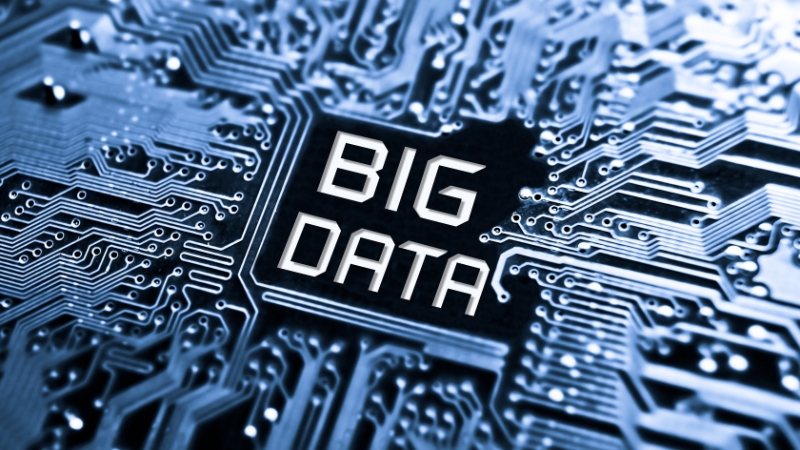 Close-up of a circuit board with the words big data highlighted at the center