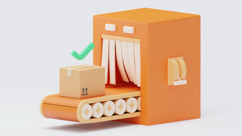 A small cardboard box moves on a conveyor belt out of an orange packaging machine with a green check mark above it