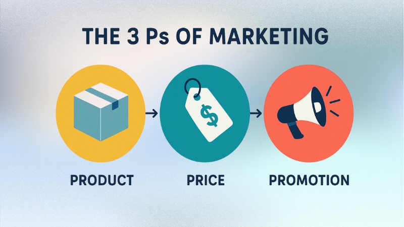 Infographic showing the 3 Ps of Marketing with icons for Product, Price, and Promotion connected by arrows