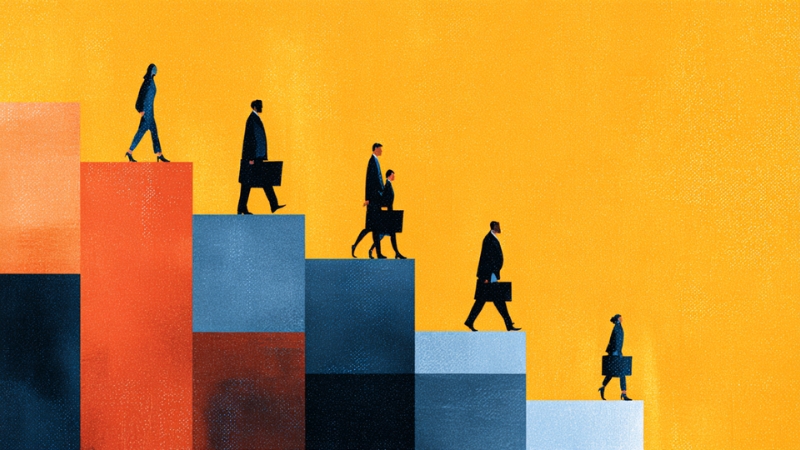 People walking upward on blocks, showing the building blocks of scaling in business