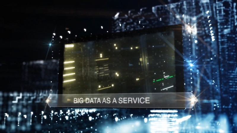 Digital interface with the text big data as a service displayed over a futuristic data center background