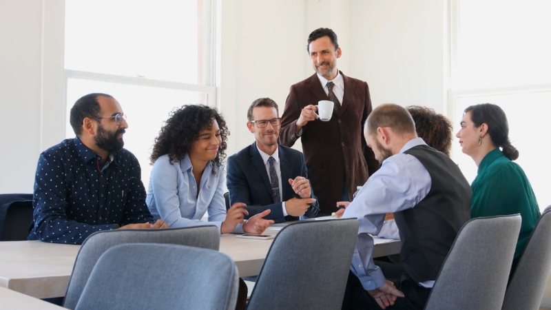 A leadership team shares ideas during a level 10 meeting