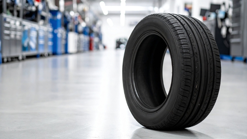 A car tire stands upright in a clean auto workshop, representing matrix planning in the automotive industry