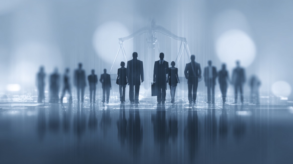 Silhouetted businesspeople walk toward the viewer under large scales of justice, symbolizing corporate law and ethical responsibility in a modern business environment