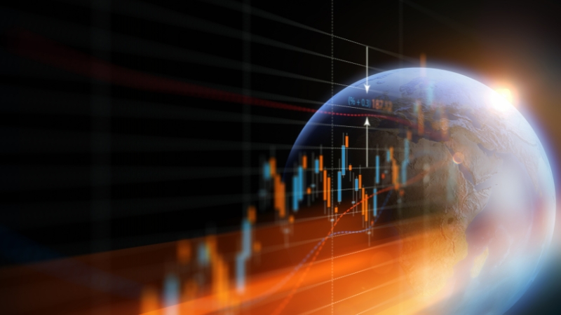 Digital chart data appears over a view of Earth, showing global access and infrastructure trends in the available market