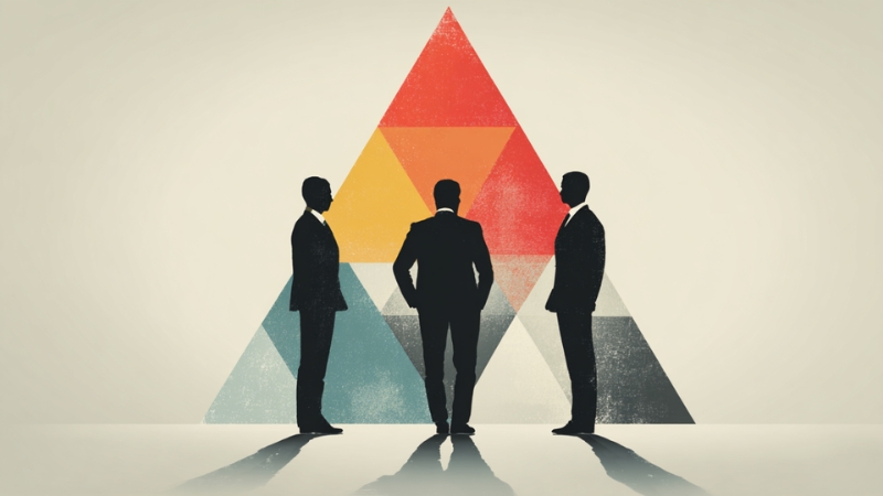 Three business professionals standing in front of a colorful triangle