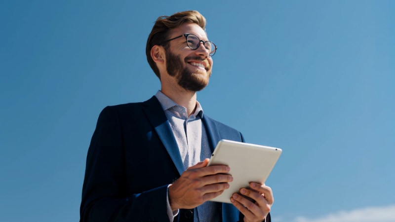 A smiling businessman in a suit holding a tablet under a clear blue sky
