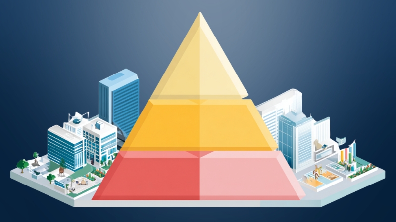 Illustration of a large pyramid over a cityscape representing real-world applications of the Strategic Triangle Framework in business