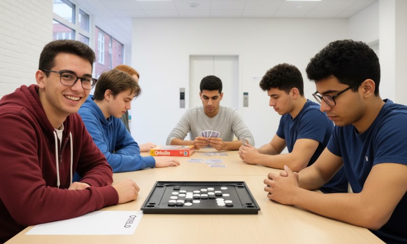 A group of young men engaged in a lively board game session around a table