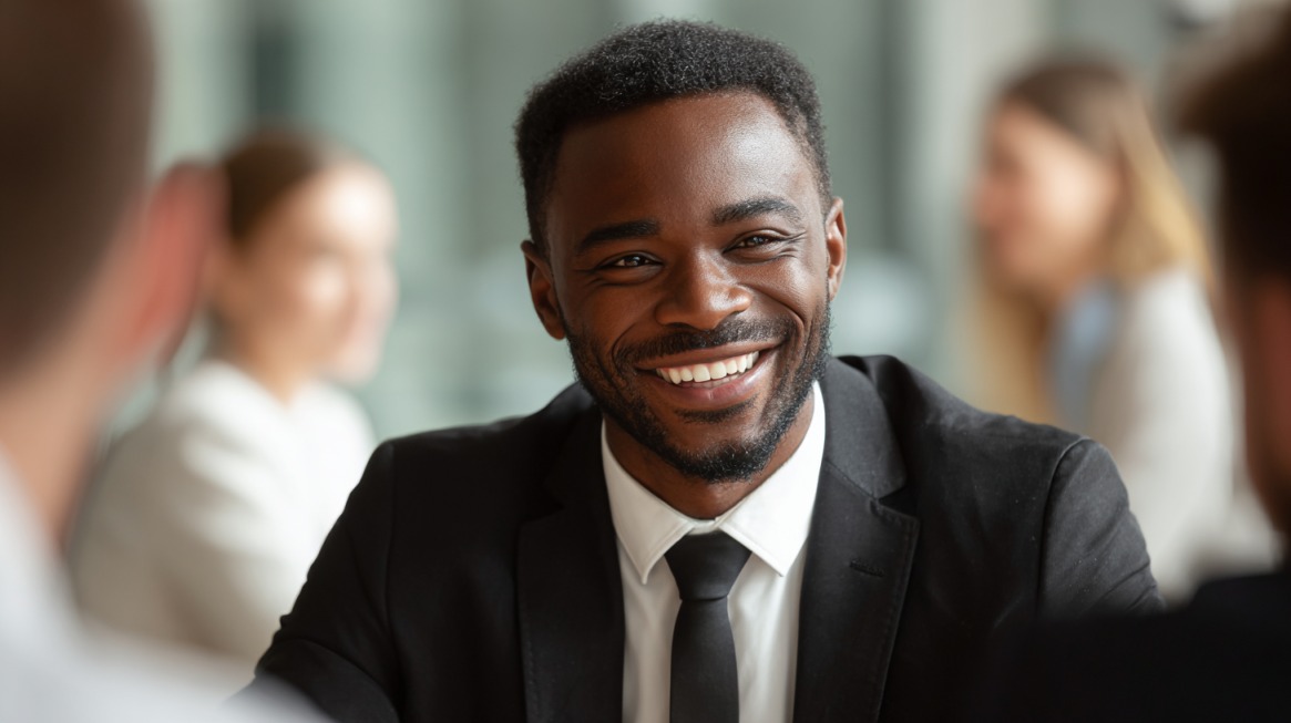 Smiling business professional in a suit during a meeting with colleagues
