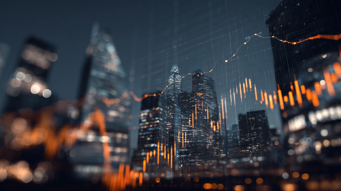 City skyline with overlay of financial charts and market data