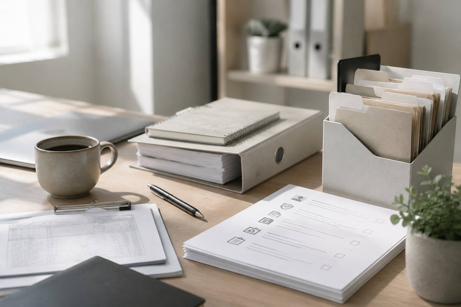 Business files, checklists, folders, and a laptop arranged on an office desk.