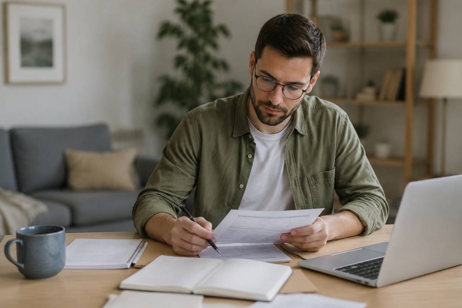 Self-employed contractor checking paperwork beside a laptop.