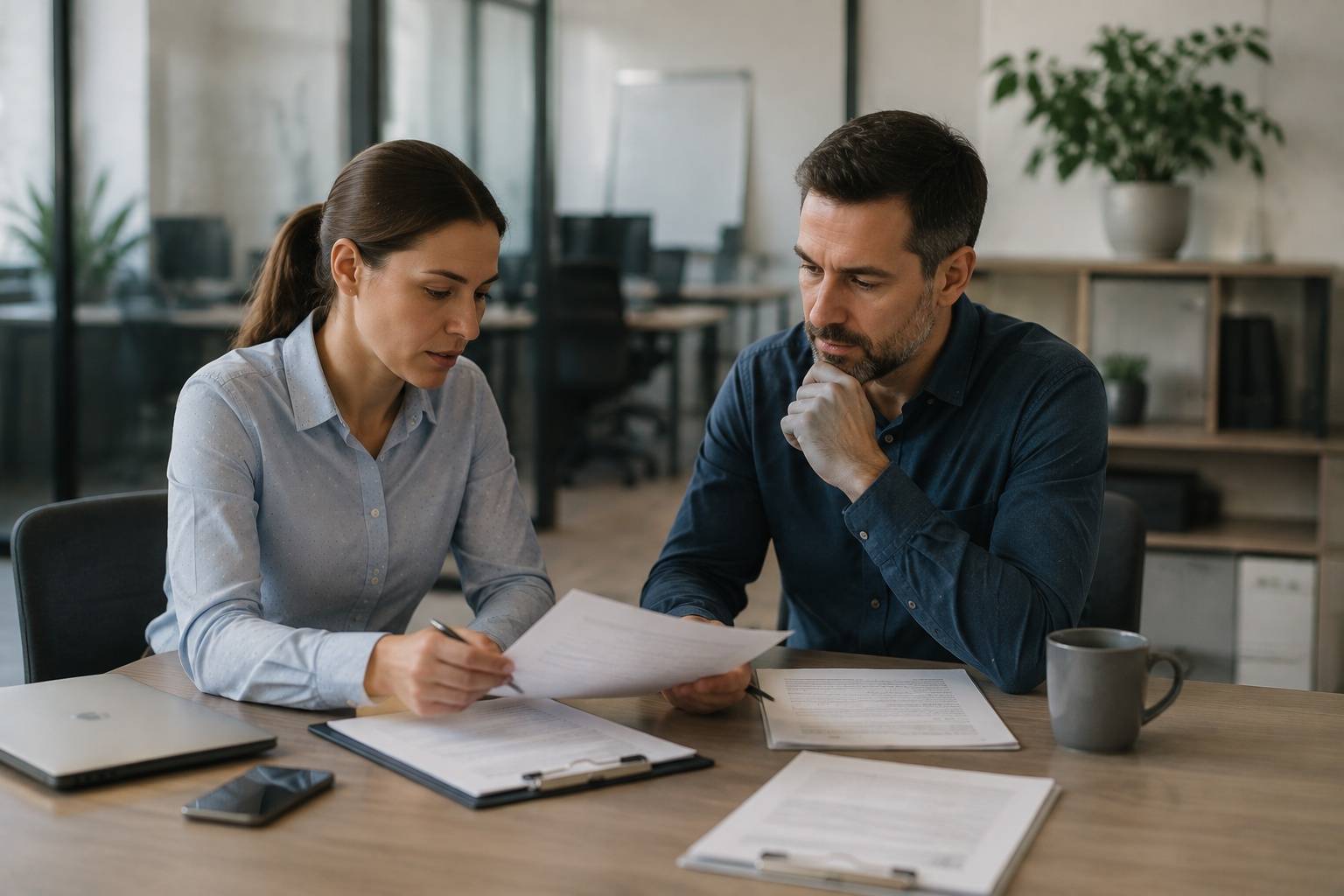 Two professionals reviewing contractor paperwork in an office.