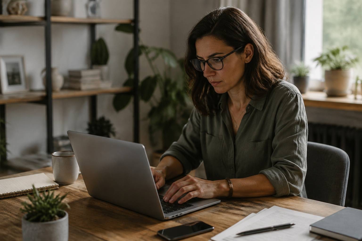 Independent contractor working on a laptop in a home office.