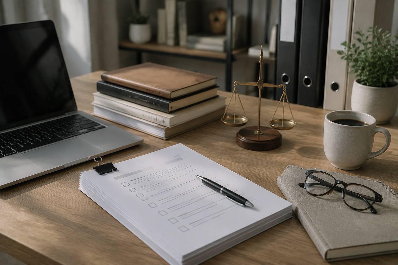 Laptop, documents, books, and legal scales on an office desk.